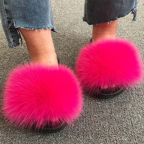 Pantoufles En Fourrure De Renard Pour Femmes, Tongs D'intérieur Décontractées, Chaussures En Peluche, Tendance,té