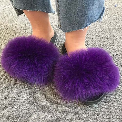 Pantoufles En Fourrure De Renard Pour Femmes, Tongs D'intérieur Décontractées, Chaussures En Peluche, Tendance,té