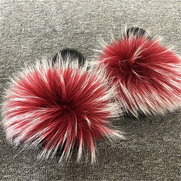 Pantoufles En Fourrure De Renard Pour Femmes, Tongs D'intri...
