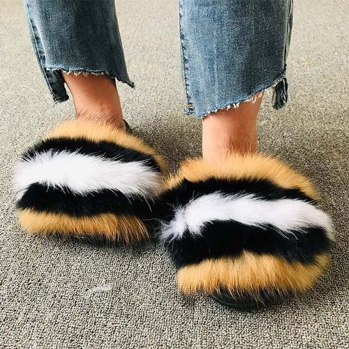 Pantoufles En Fourrure De Renard Pour Femmes, Tongs D'intérieur Décontractées, Chaussures En Peluche, Tendance,té