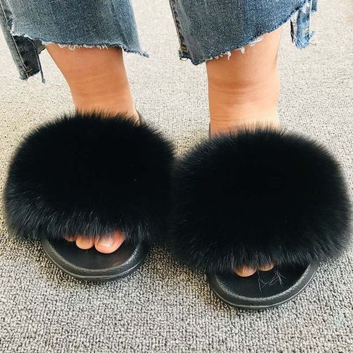 Pantoufles En Fourrure De Renard Pour Femmes, Tongs D'intérieur Décontractées, Chaussures En Peluche, Tendance,té
