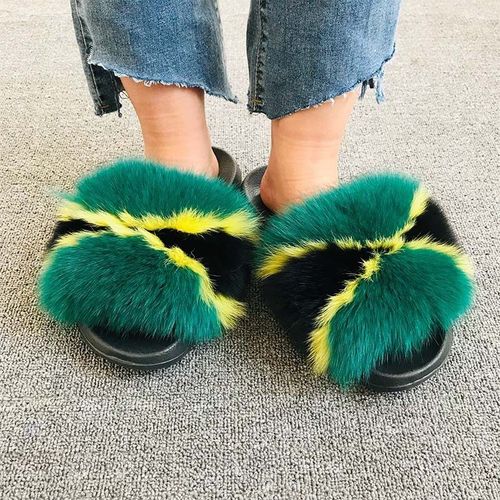 Pantoufles En Fourrure De Renard Pour Femmes, Tongs D'intérieur Décontractées, Chaussures En Peluche, Tendance,té