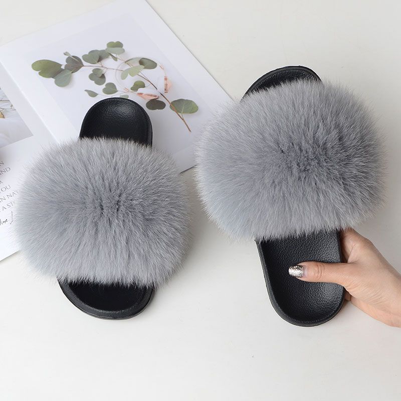 Pantoufles En Fourrure De Renard Vritable Pour Femmes, Chau...