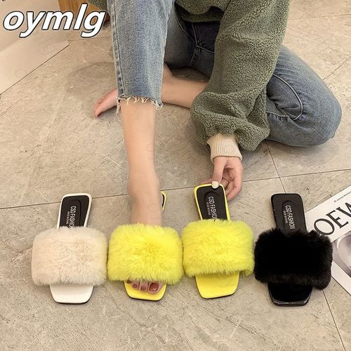 Pantoufles En Fourrure Moelleuse Pour Femmes, Chaussures De Printemps Et , Tongs Plates Enfiler, Sandales D'extérieur,