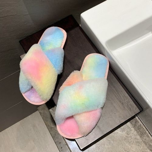 Pantoufles En Fourrure Pour Femmes, Automne Et Hiver, Tongs Bout Plat Pour Garder Au Chaud, Ameublement De La Maison, En Coton
