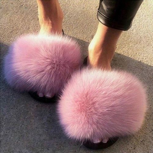 Pantoufles En Fourrure Pour Femmes, Chaussures En Peluche Pour Dames, Sandales Moelleuses En Poils De Renard, Pantoufles Chaudes D'hiver,