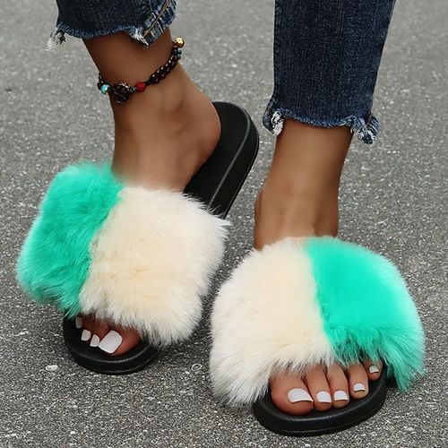 Pantoufles En Fourrure Pour Femmes, Claquettes De Couleur Pour La Maison, Chaussures En Peluche, Chaudes Pour L'hiver,