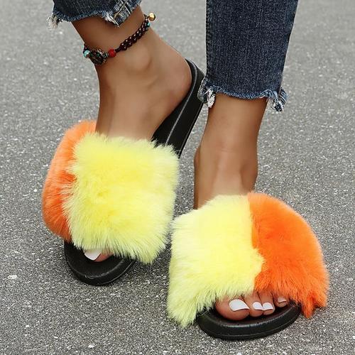 Pantoufles En Fourrure Pour Femmes, Claquettes De Couleur Pour La Maison, Chaussures En Peluche, Chaudes Pour L'hiver,