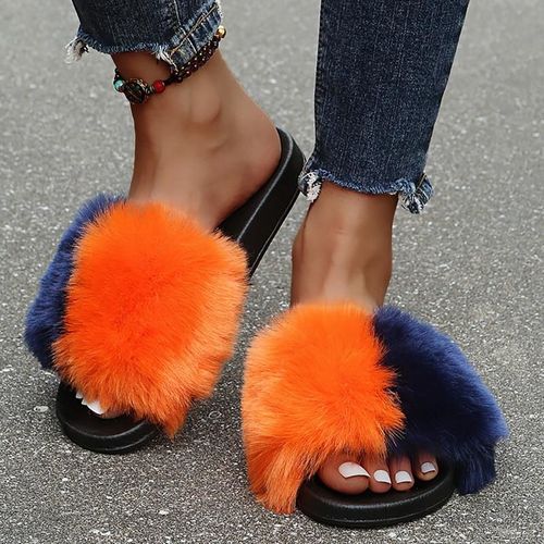 Pantoufles En Fourrure Pour Femmes, Claquettes De Couleur Pour La Maison, Chaussures En Peluche, Chaudes Pour L'hiver,