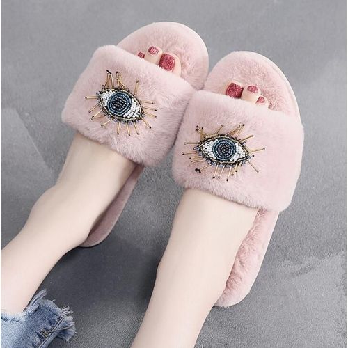 Pantoufles En Fourrure Pour Femmes, Décoration De Grands Yeux, Pantoufles D'hiver Pour La Maison, En Coton, Strass, Tongs En Peluche, Chaussures Pour Femmes, S655