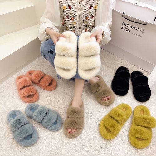 Pantoufles En Fourrure Pour Femmes, Garde Au Chaud, Chaussures D'intérieur, Douces Et Moelleuses, Talon Platpais, Antidérapantes, Collection Hiver