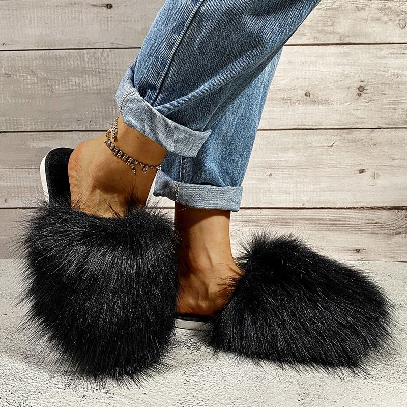 Pantoufles En Fourrure Solide Pour Femmes, Chaussures De Mai... - 6
