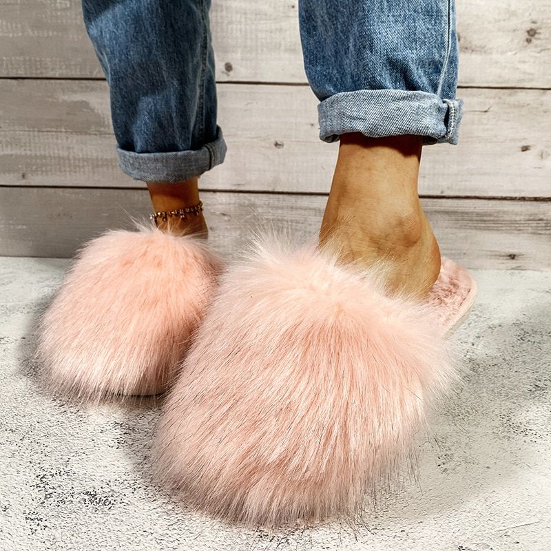 Pantoufles En Fourrure Solide Pour Femmes, Chaussures De Mai... - 10