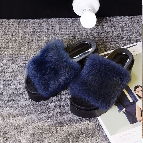 Pantoufles En Fourrure Véritable Pour Femmes, Chaussures Plates Semellepaisse, Mode Automne Hiver, Tongs Antidérapantes Pour L'extérieur, Décontractées, Solides