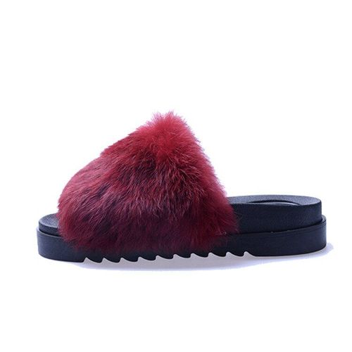 Pantoufles En Fourrure Véritable Pour Femmes, Chaussures Plates Semellepaisse, Mode Automne Hiver, Tongs Antidérapantes Pour L'extérieur, Décontractées, Solides