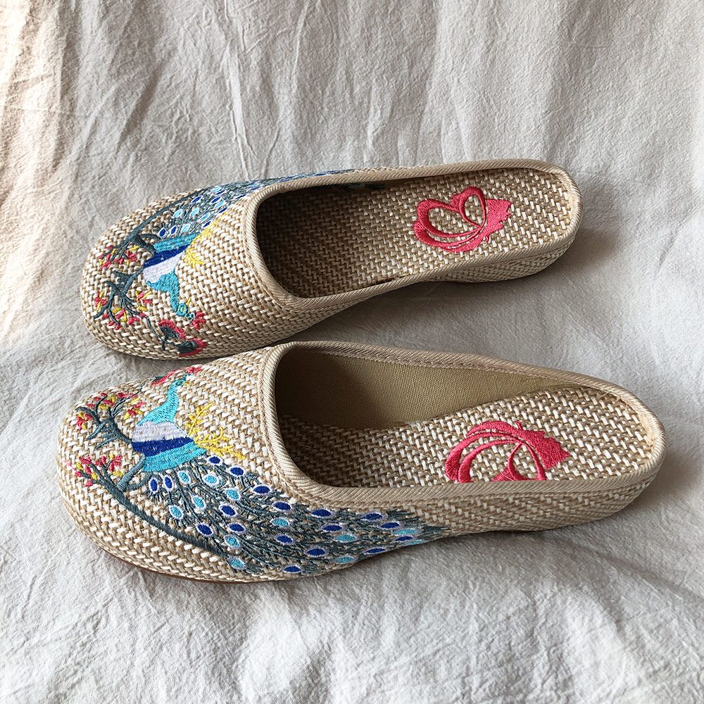 Pantoufles En Lin Brodes  La Main Pour Femmes, Mules Plate... - 6