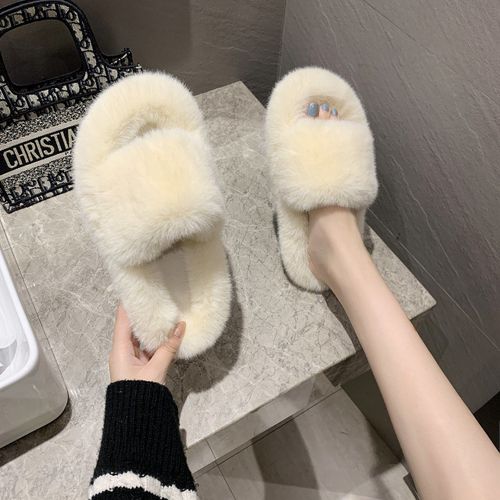 Pantoufles En Peluche Pour Femmes, Grande Taille, Nouveau Style, Vêtements D'extérieur, Fond Plat, Chaussures En Peluche Pour Femmes, Pantoufles En Fourrure Chaude