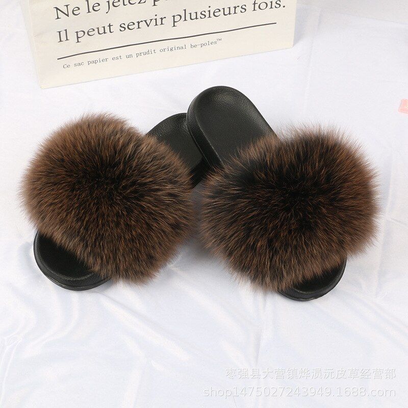 Pantoufles En Vraie Fourrure De Renard Pour Femmes, Claquett...
