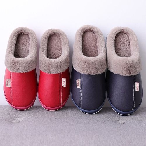 Pantoufles Imperméables En Pu Pour Hommes Et Femmes, Chaussures D'hiver En Peluche Pour Garder Au Chaud, Plates Et Confortables, Intérieur En Couture