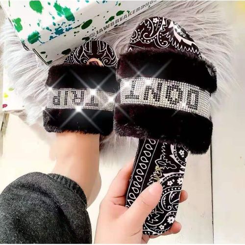 Pantoufles Pelucheuses Avec Strass Pour Femmes, Chaussures Chaudes Et Souples En Cristal,