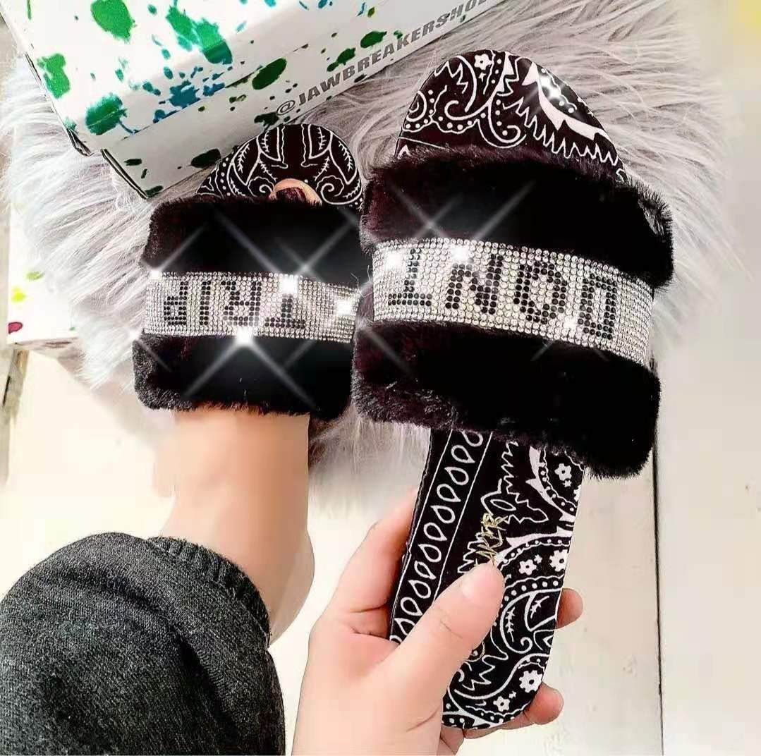 Pantoufles Pelucheuses Avec Strass Pour Femmes, Chaussures C... - 7