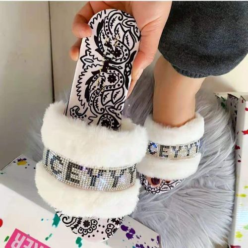 Pantoufles Pelucheuses Avec Strass Pour Femmes, Chaussures Chaudes Et Souples En Cristal,