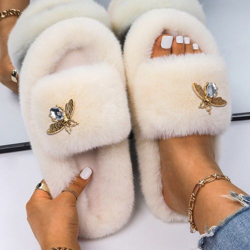 Pantoufles Pelucheuses En Fausse Fourrure Pour Femmes, Décor D'insecte En Strass, Sandales Plateforme De Luxe De Styliste, Pantoufles Chaudes Décontractées, Chaussures D'hiver