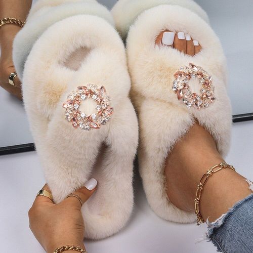 Pantoufles Pelucheuses En Fausse Fourrure Pour Femmes, Décor D'insecte En Strass, Sandales Plateforme De Luxe De Styliste, Pantoufles Chaudes Décontractées, Chaussures D'hiver