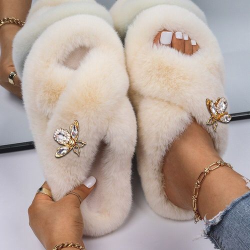 Pantoufles Pelucheuses En Fausse Fourrure Pour Femmes, Décor D'insecte En Strass, Sandales Plateforme De Luxe De Styliste, Pantoufles Chaudes Décontractées, Chaussures D'hiver