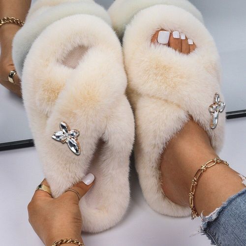 Pantoufles Pelucheuses En Fausse Fourrure Pour Femmes, Décor D'insecte En Strass, Sandales Plateforme De Luxe De Styliste, Pantoufles Chaudes Décontractées, Chaussures D'hiver