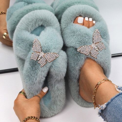 Pantoufles Pelucheuses En Fausse Fourrure Pour Femmes, Décor D'insecte En Strass, Sandales Plateforme De Luxe De Styliste, Pantoufles Chaudes Décontractées, Chaussures D'hiver