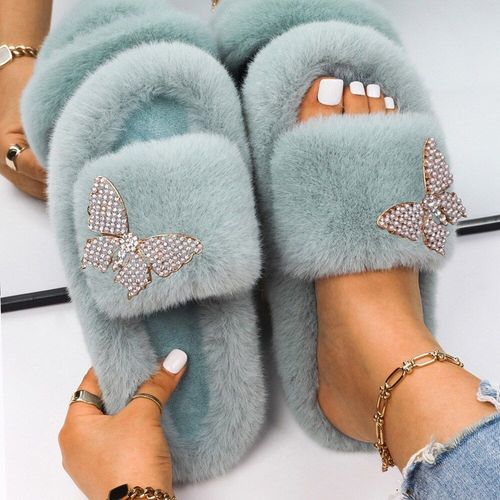 Pantoufles Pelucheuses En Fausse Fourrure Pour Femmes, Décor D'insecte En Strass, Sandales Plateforme De Luxe De Styliste, Pantoufles Chaudes Décontractées, Chaussures D'hiver