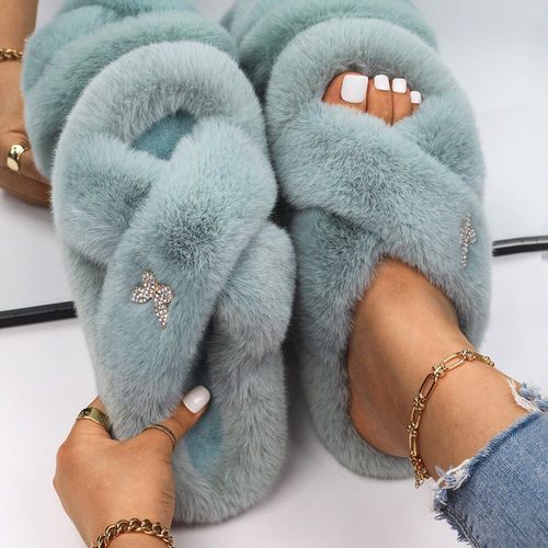 Pantoufles Pelucheuses En Fausse Fourrure Pour Femmes, Décor D'insecte En Strass, Sandales Plateforme De Luxe De Styliste, Pantoufles Chaudes Décontractées, Chaussures D'hiver