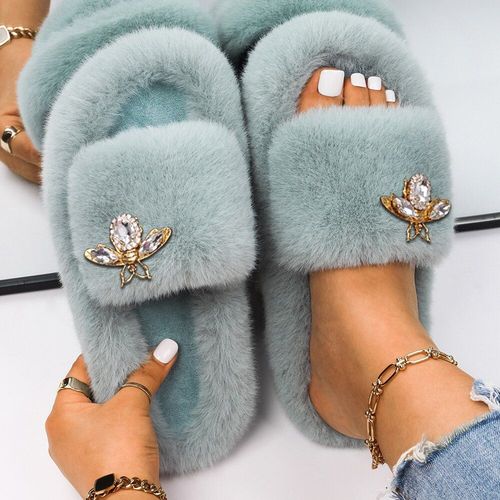 Pantoufles Pelucheuses En Fausse Fourrure Pour Femmes, Décor D'insecte En Strass, Sandales Plateforme De Luxe De Styliste, Pantoufles Chaudes Décontractées, Chaussures D'hiver