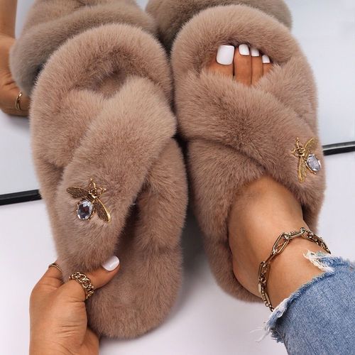Pantoufles Pelucheuses En Fausse Fourrure Pour Femmes, Décor D'insecte En Strass, Sandales Plateforme De Luxe De Styliste, Pantoufles Chaudes Décontractées, Chaussures D'hiver