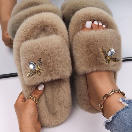 Pantoufles Pelucheuses En Fausse Fourrure Pour Femmes, Décor D'insecte En Strass, Sandales Plateforme De Luxe De Styliste, Pantoufles Chaudes Décontractées, Chaussures D'hiver
