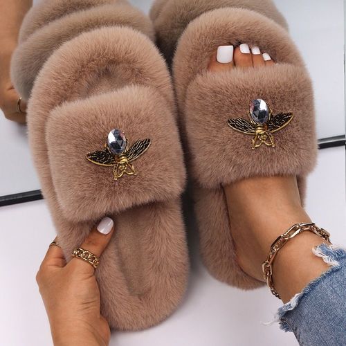 Pantoufles Pelucheuses En Fausse Fourrure Pour Femmes, Décor D'insecte En Strass, Sandales Plateforme De Luxe De Styliste, Pantoufles Chaudes Décontractées, Chaussures D'hiver