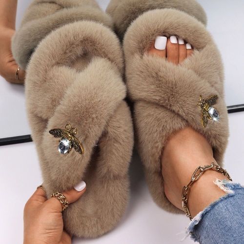 Pantoufles Pelucheuses En Fausse Fourrure Pour Femmes, Décor D'insecte En Strass, Sandales Plateforme De Luxe De Styliste, Pantoufles Chaudes Décontractées, Chaussures D'hiver