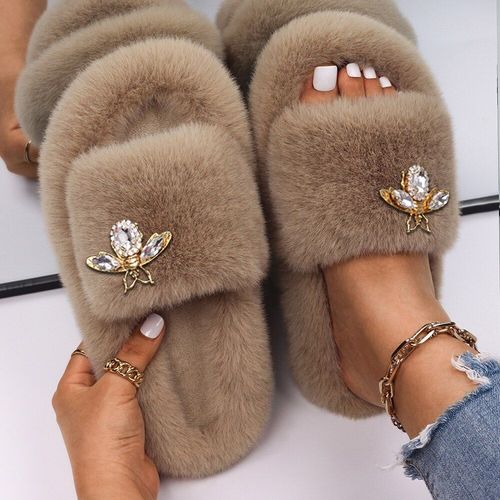 Pantoufles Pelucheuses En Fausse Fourrure Pour Femmes, Décor D'insecte En Strass, Sandales Plateforme De Luxe De Styliste, Pantoufles Chaudes Décontractées, Chaussures D'hiver