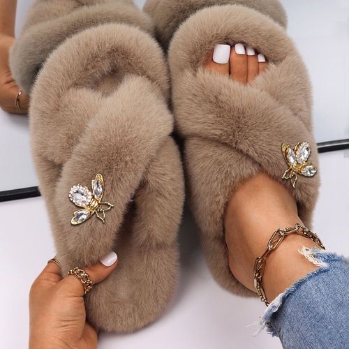 Pantoufles Pelucheuses En Fausse Fourrure Pour Femmes, Décor D'insecte En Strass, Sandales Plateforme De Luxe De Styliste, Pantoufles Chaudes Décontractées, Chaussures D'hiver