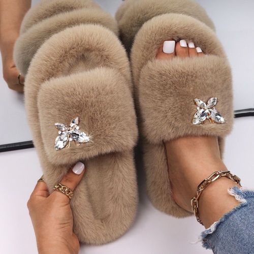 Pantoufles Pelucheuses En Fausse Fourrure Pour Femmes, Décor D'insecte En Strass, Sandales Plateforme De Luxe De Styliste, Pantoufles Chaudes Décontractées, Chaussures D'hiver