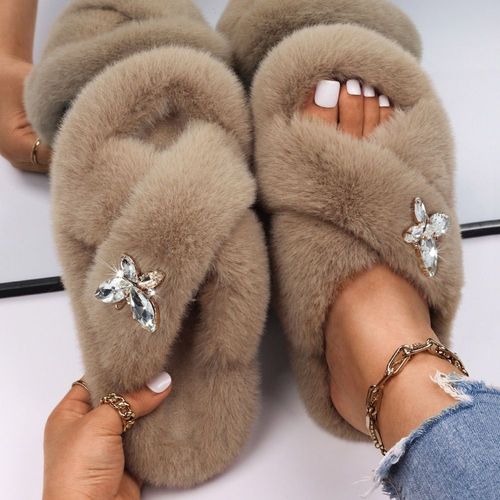 Pantoufles Pelucheuses En Fausse Fourrure Pour Femmes, Décor D'insecte En Strass, Sandales Plateforme De Luxe De Styliste, Pantoufles Chaudes Décontractées, Chaussures D'hiver