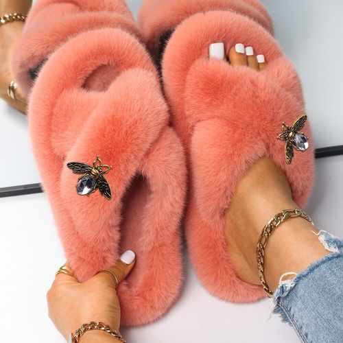 Pantoufles Pelucheuses En Fausse Fourrure Pour Femmes, Décor D'insecte En Strass, Sandales Plateforme De Luxe De Styliste, Pantoufles Chaudes Décontractées, Chaussures D'hiver