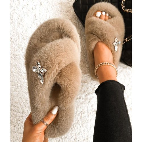 Pantoufles Pelucheuses En Fausse Fourrure Pour Femmes, Décor D'insecte En Strass, Sandales Plateforme De Luxe De Styliste, Pantoufles Chaudes Décontractées, Chaussures D'hiver