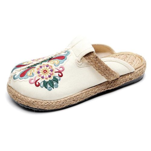 Pantoufles Plates Brodées Pour Femmes, Chaussures Rétro Fleurs Faites La Main, Concisté