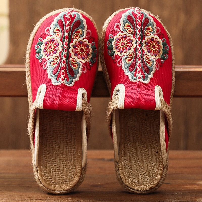 Pantoufles Plates Brodes Pour Femmes, Chaussures Rtro  Fl... - 2