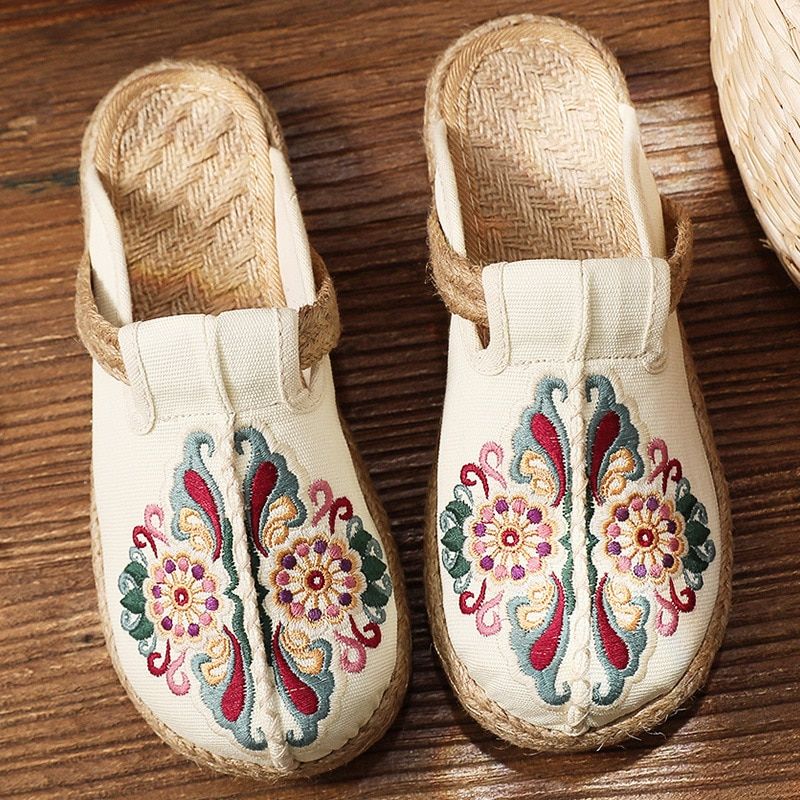 Pantoufles Plates Brodes Pour Femmes, Chaussures Rtro  Fl... - 3