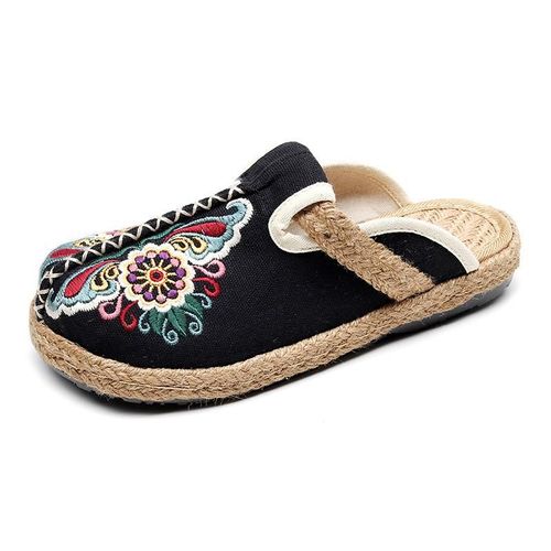 Pantoufles Plates Brodées Pour Femmes, Chaussures Rétro Fleurs Faites La Main, Concisté