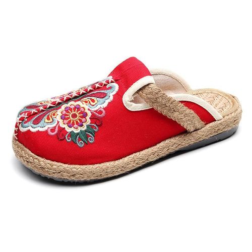 Pantoufles Plates Brodées Pour Femmes, Chaussures Rétro Fleurs Faites La Main, Concisté