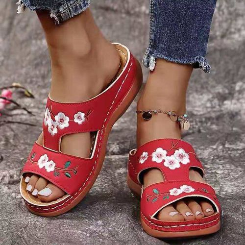 Pantoufles Souples Brodées Pour Femmes, Confortables Et Bout Ouvert, Pantoufles D'extérieur La Mode,